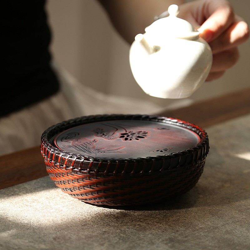 山山竹木锦鲤荷韵竹编壶承大漆圆形干泡台竹制茶盘干泡盘茶道配件