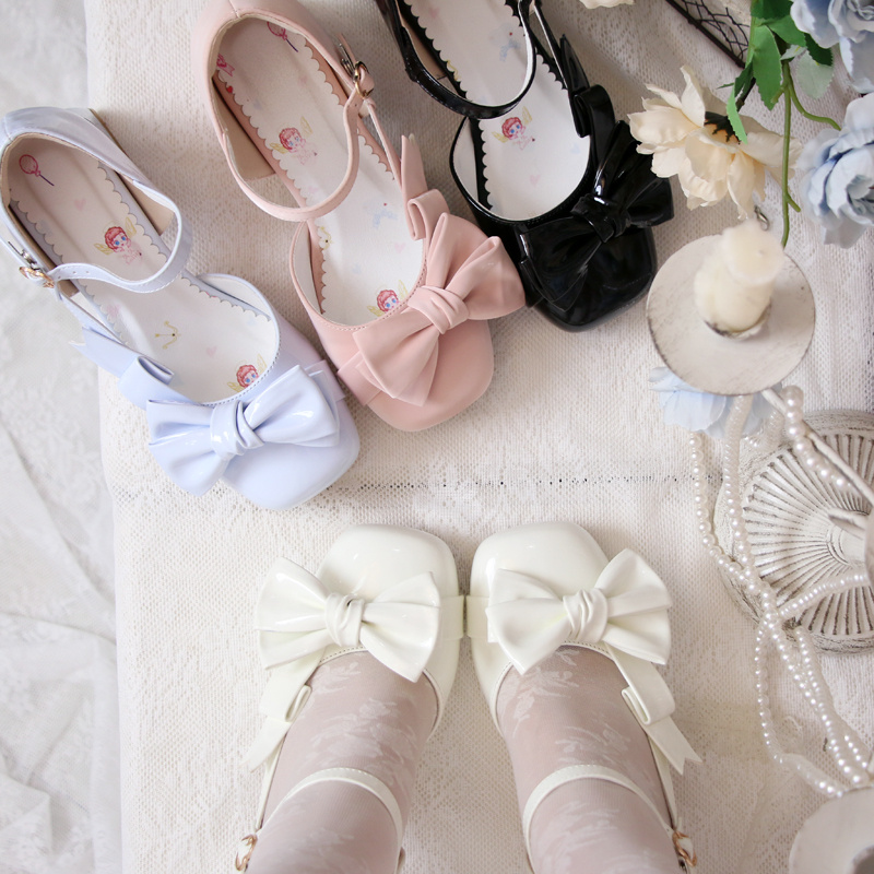 现货小雅蝶 久久Lolita原创高跟方头蝴蝶结甜美优雅包头女凉鞋