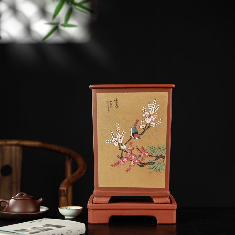 宜兴紫砂特大带底座四方签筒兰花悬崖多肉绿植桌面客花盆精品君子