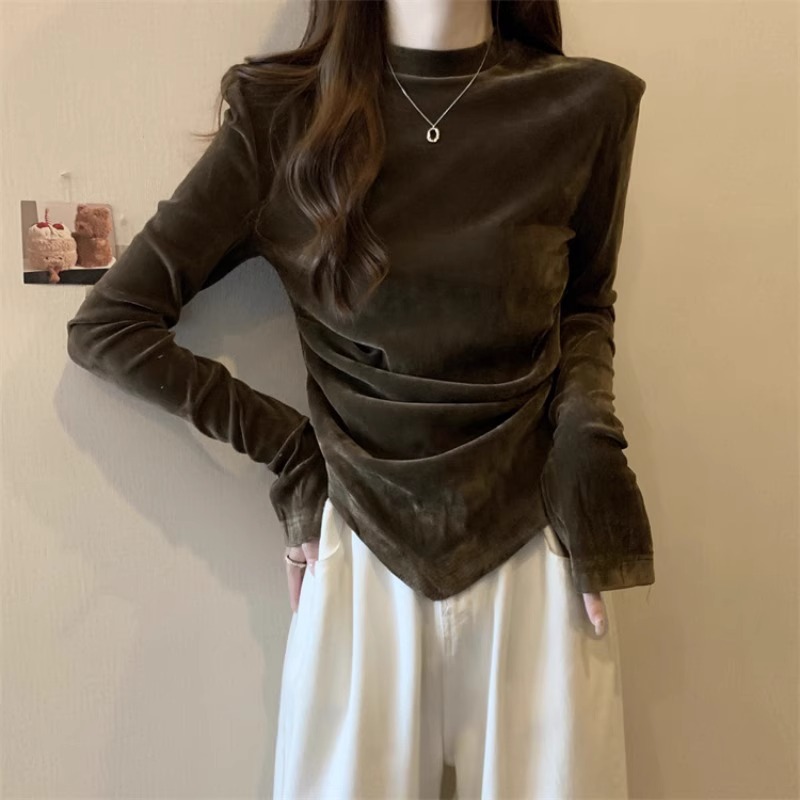 大码金丝绒长袖T恤女秋冬微胖mm修身显瘦遮肚子不规则打底衫上衣