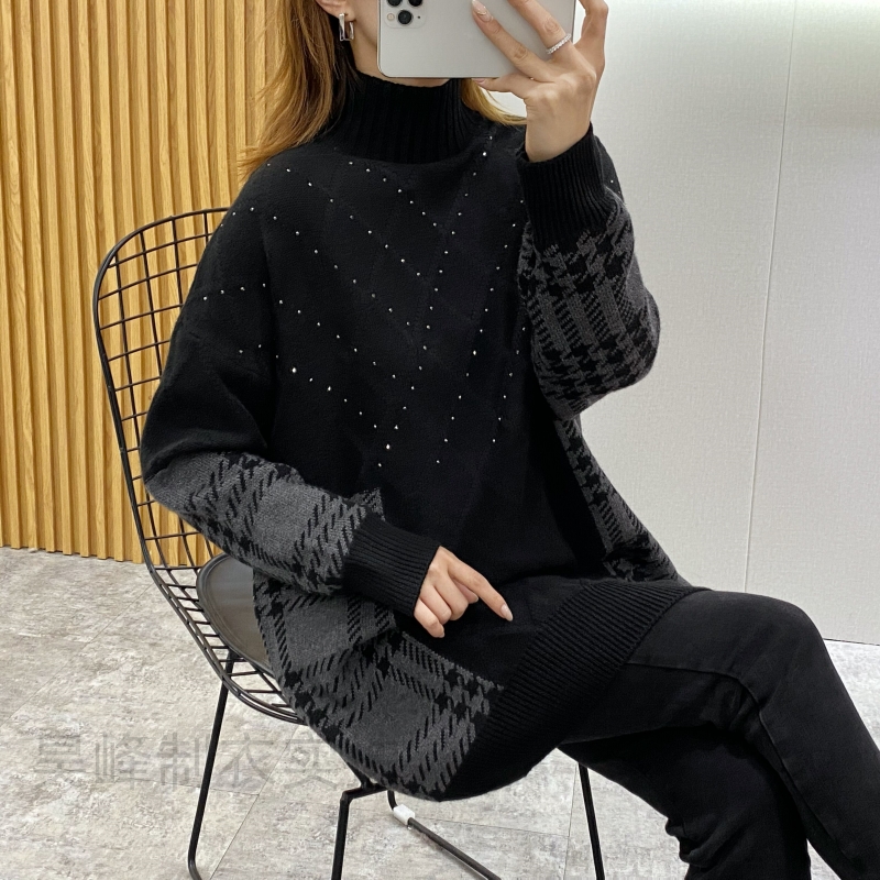 锦柬网红拼色满天星烫钻秋冬季新款百搭打底套头高领遮屁股毛衣