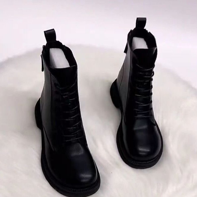 断码意尓康后拉链芒果头马丁靴女秋冬新款皮靴粗跟复古圆头加绒