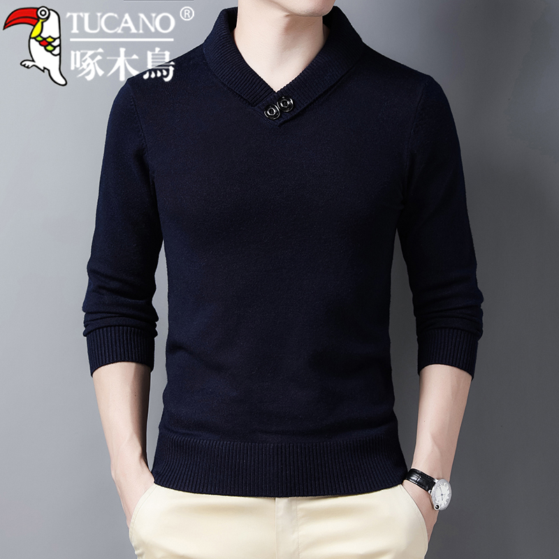 啄木鸟男士休闲时尚纯色长袖简约毛衣中年爸爸装秋季圆领内搭上衣