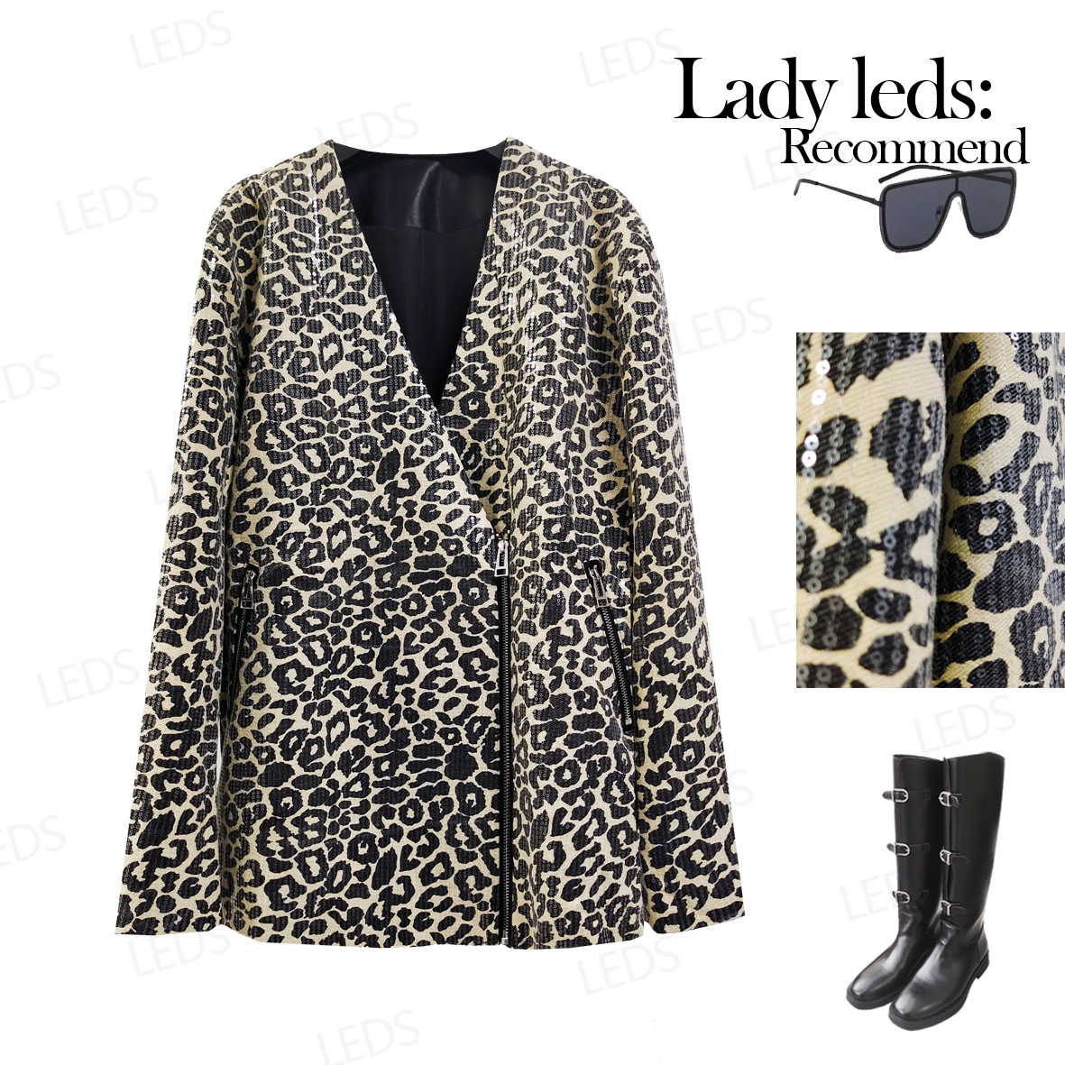 LEDS 95618秋季新款时尚个性摩登亮片豹纹外套