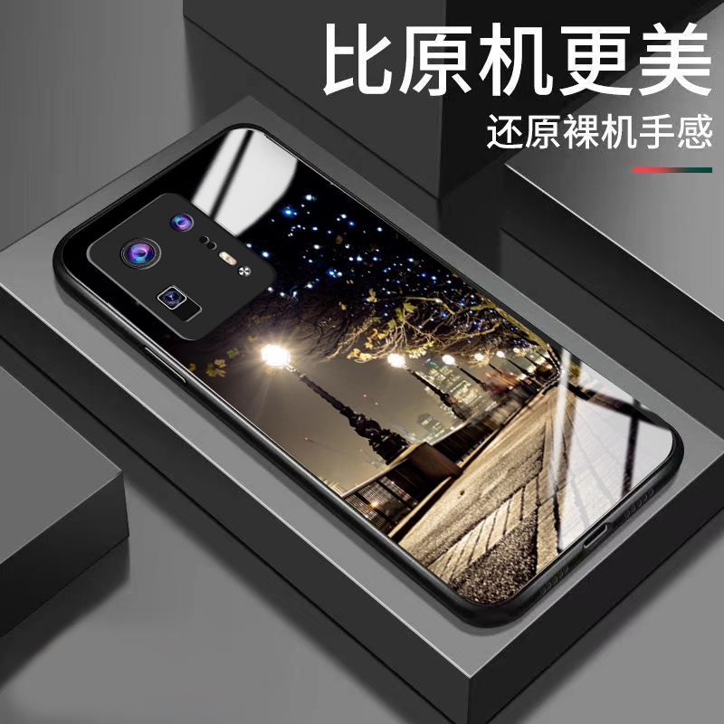 适用小米mix4手机壳街景星空风景唯美时尚颜值新款玻璃壳男男款