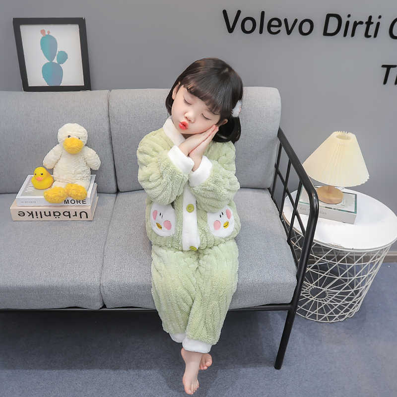 女童法兰绒睡衣秋冬宝宝开衫套装女孩加厚秋款卡通口袋儿童家居服