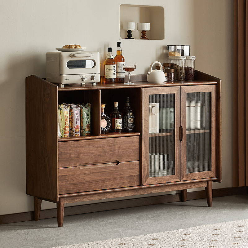 澜庭阁北美黑胡桃餐边柜北欧简约多功能实木茶水柜家用收纳储物柜