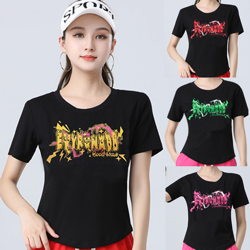 夏季广场舞短袖服装螺纹棉女士T恤上衣跳舞服装运动休闲舞蹈服装