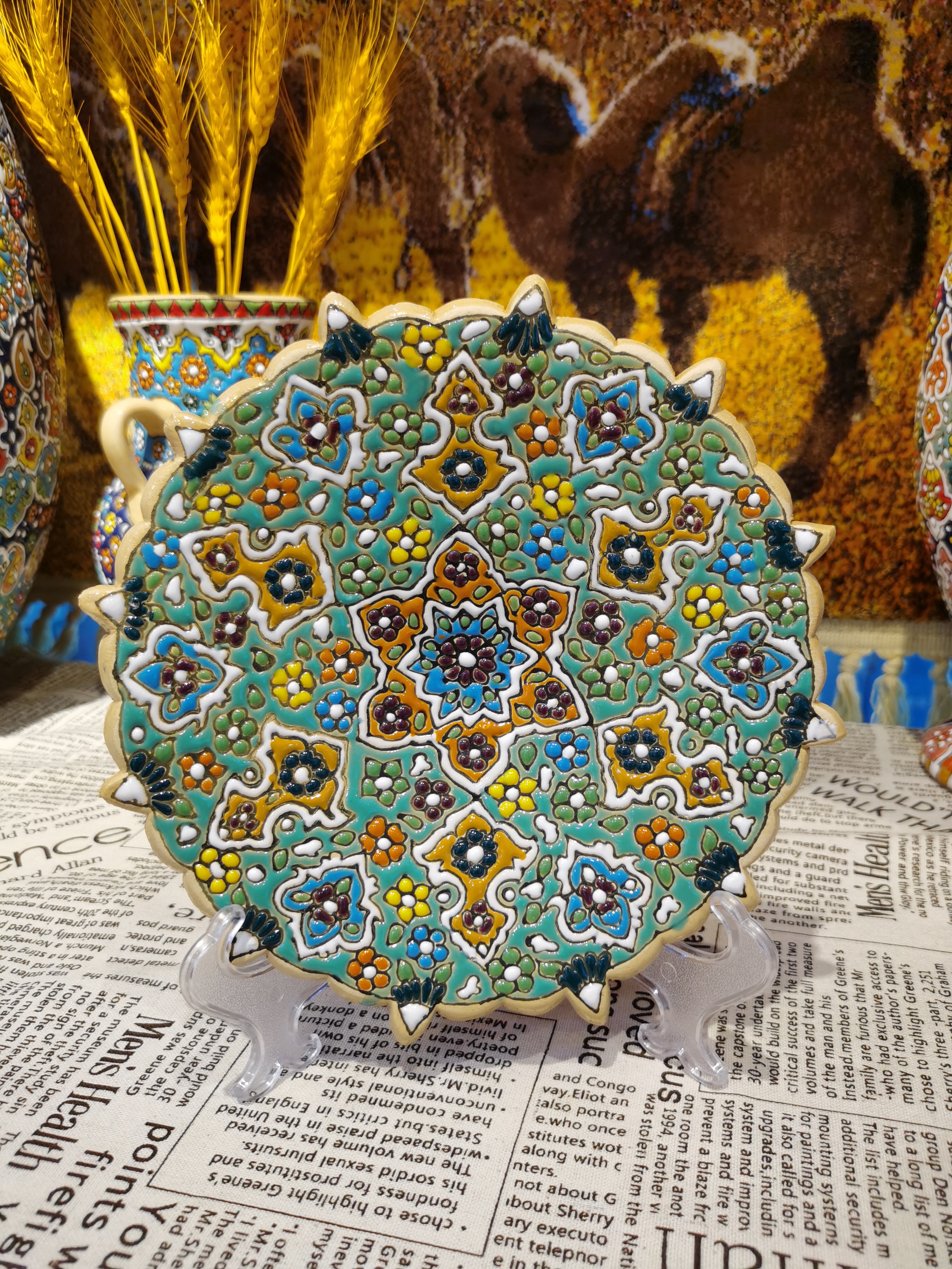 伊朗土陶手工艺品新家陶瓷创意装饰挂盘摆盘寓意圆圆满满复古礼品