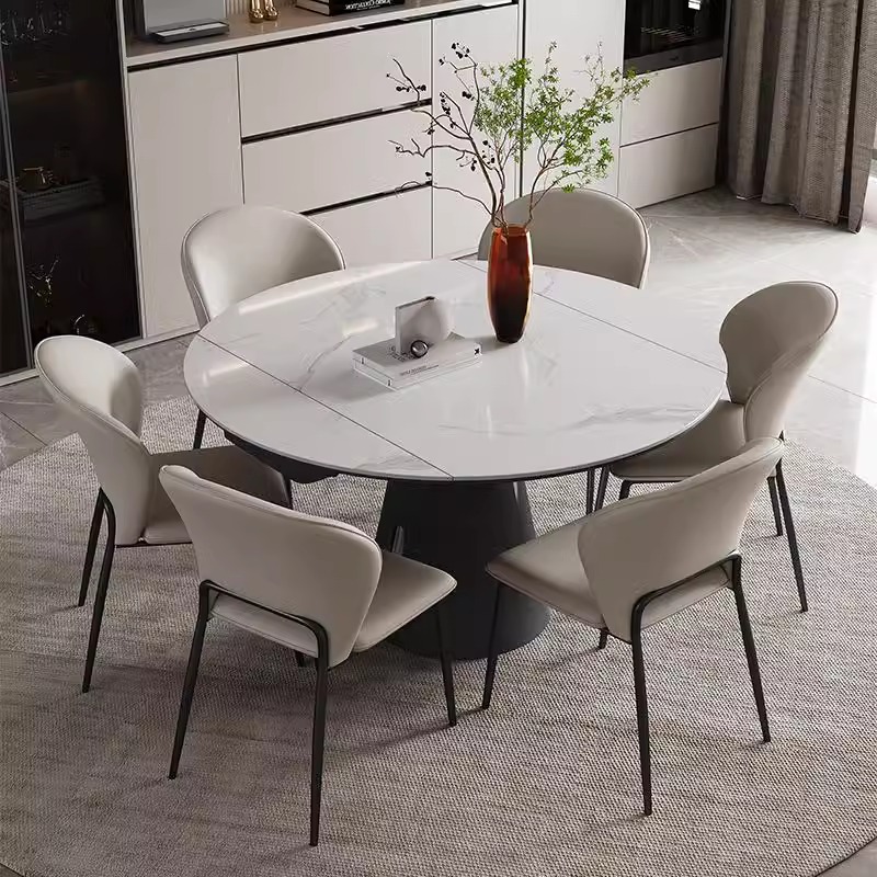 意式轻奢亮光岩板抽拉餐桌可变圆变方两用折叠多功能餐桌椅组合