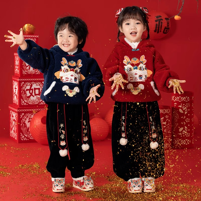 【正常发货】汉服儿童冬装宝宝中国风加厚毛毛衣男女兄妹拜年服新