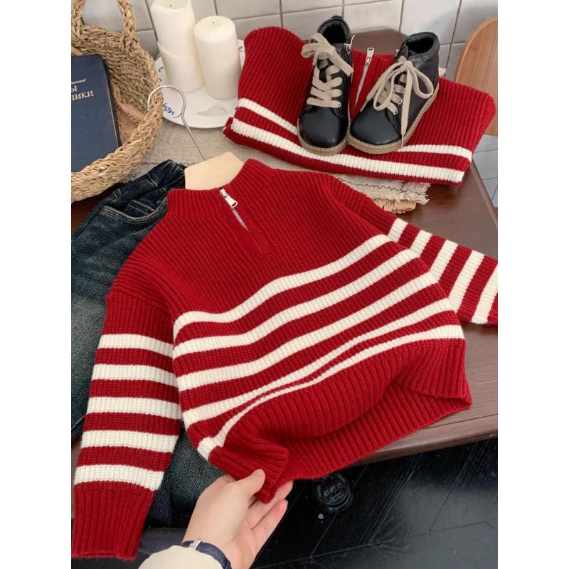 【正常发货】儿童秋冬毛衣新款2023拉链半高领女童毛线衣红色条纹