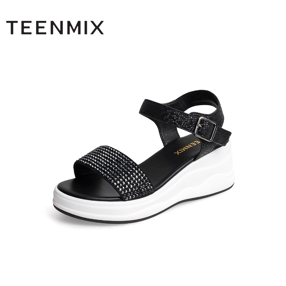 Teenmix/天美意商场同款坡跟闪钻厚底百搭夏季女皮凉鞋BD221BL2