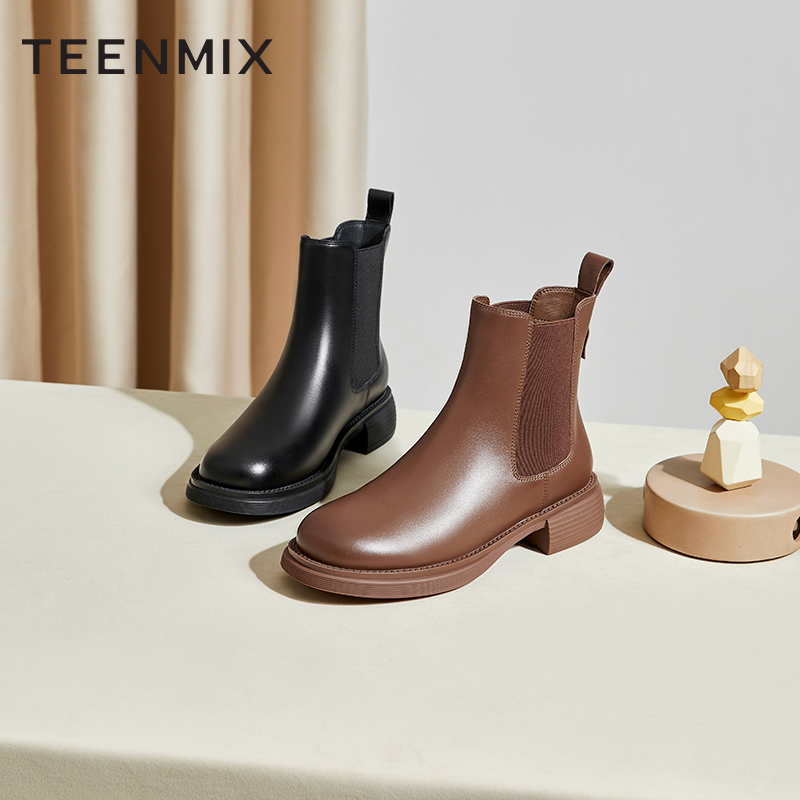 Teenmix/天美意商场同款英伦风厚底切尔西靴百搭女皮短靴BE091DD2