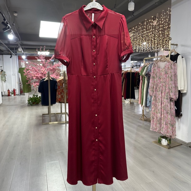 【JX066红多扣连衣裙】气质时尚女士长款酒红色女款显瘦长裙轻奢