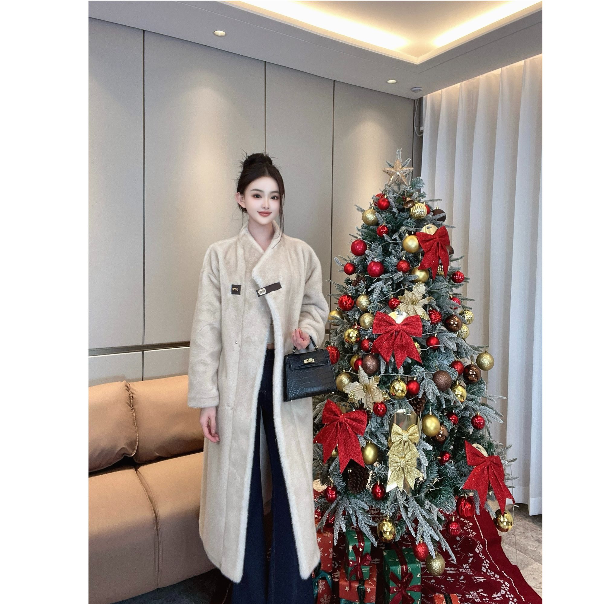 【大福秀】网红慵懒午后女款冬季气质时尚皮扣长款毛毛外套宽松10