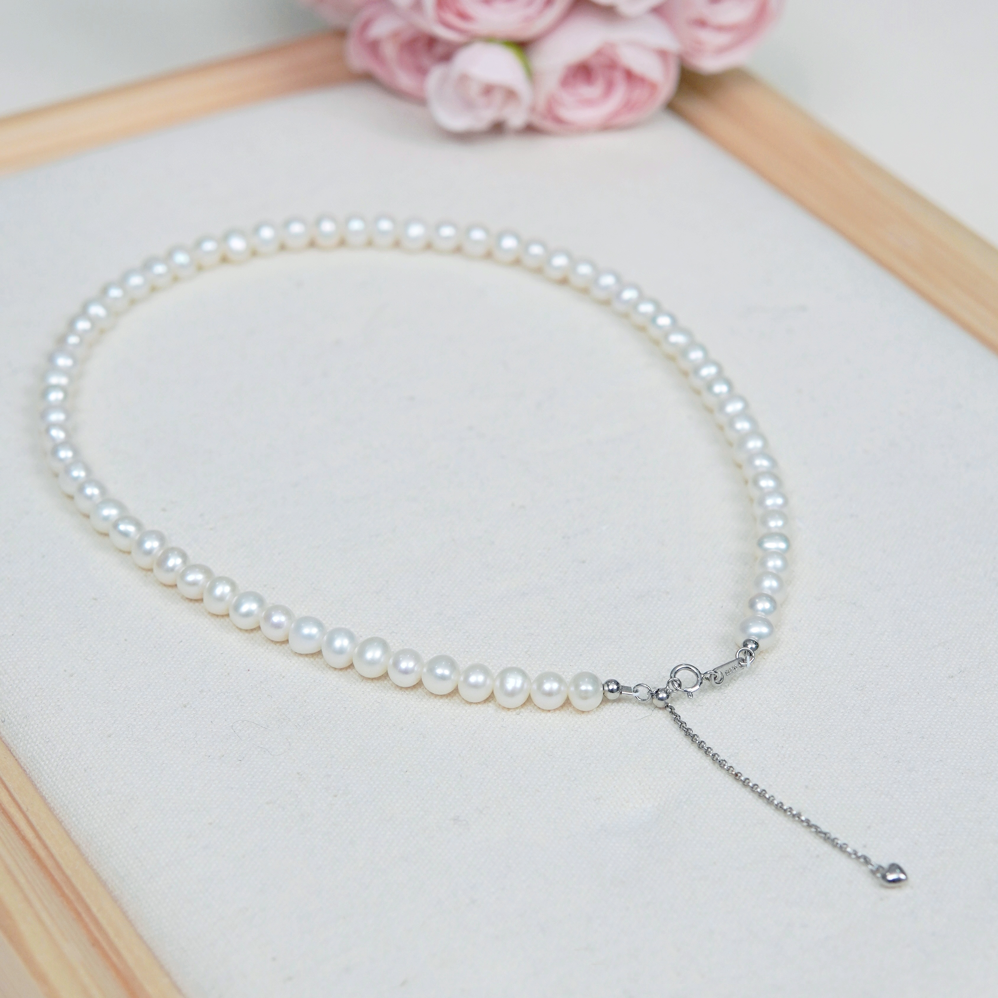 天然淡水珍珠项链6mm左右近圆强光925银可调节爱心尾链