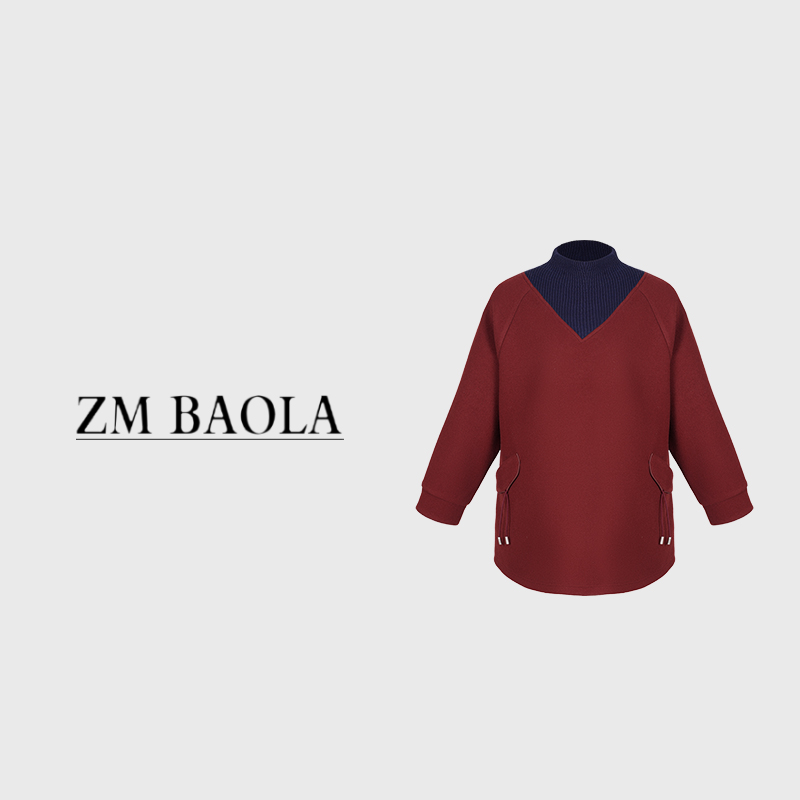 ZM BAOLA【红莲-大言】螺纹拼毛呢 假两件设计领宽松上衣BN8084-S4