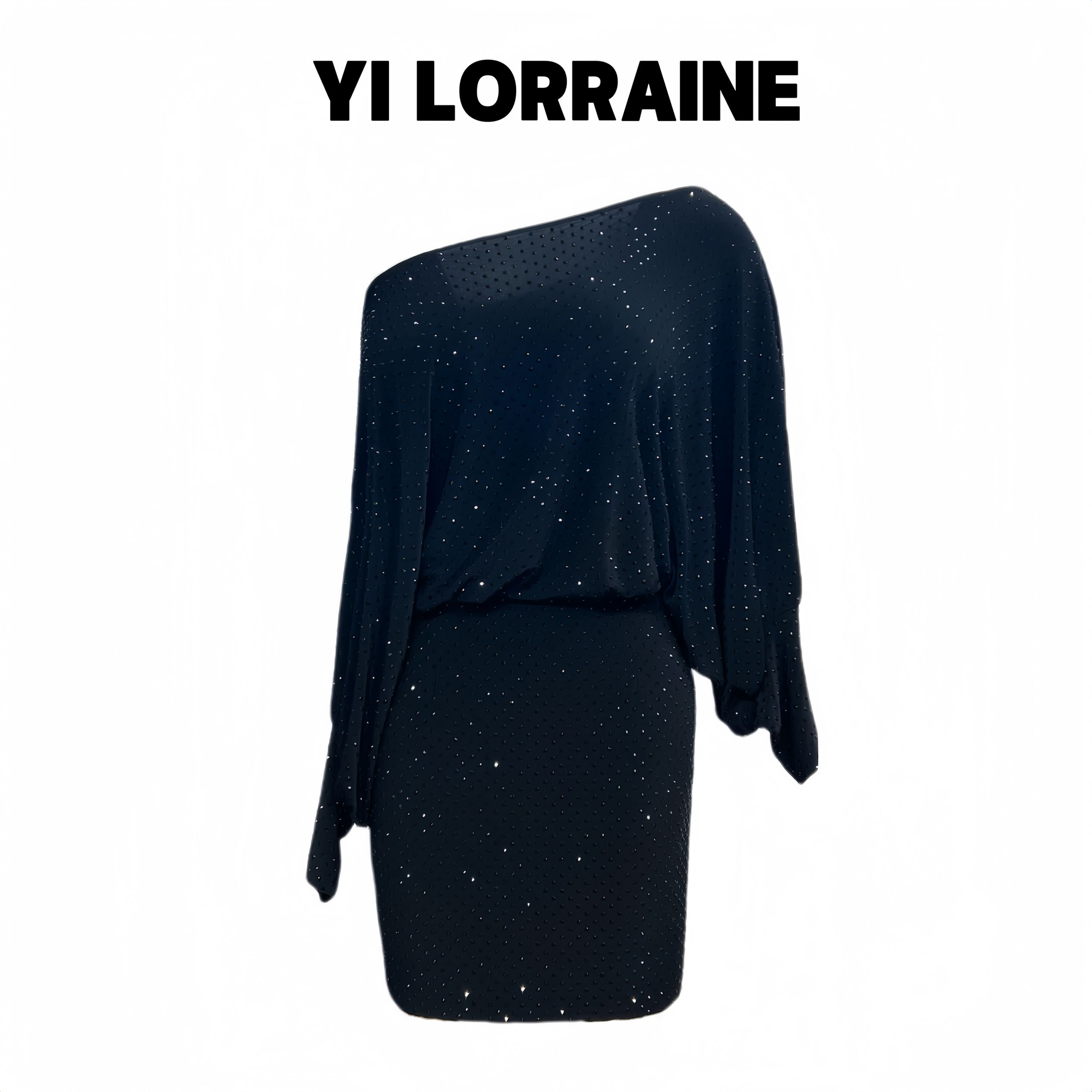 YI LORRAINE/旖洛琳原创设计满天星烫钻冰丝蝙蝠袖连衣裙22W150