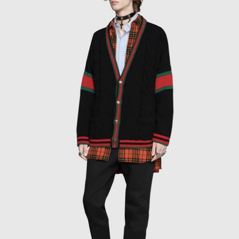 99新 GUCCI/古驰 9625/GUCCI黑色拼色绞花编织V领针织衫/XS码99新