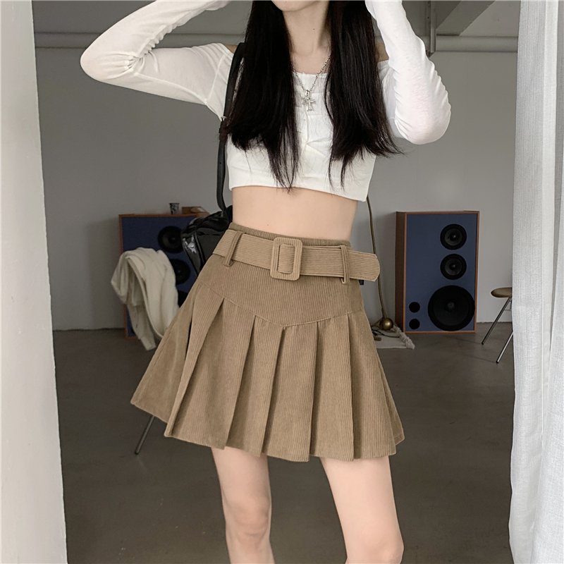 秋冬季韩版2024新款时尚辣妹高腰显瘦短款百搭灯芯绒百褶半身裙女