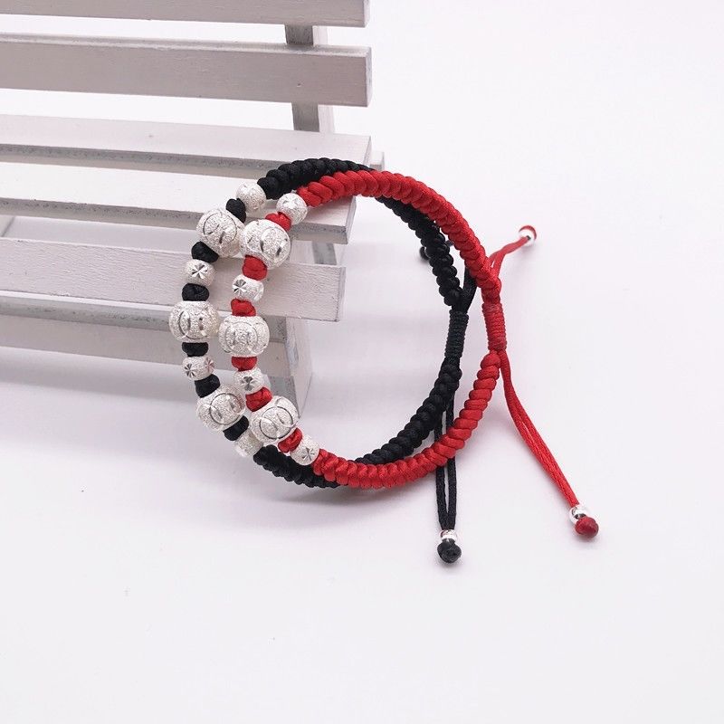 足银手链 银转运珠红绳情侣手链一对简约学生男女款手工编织手绳