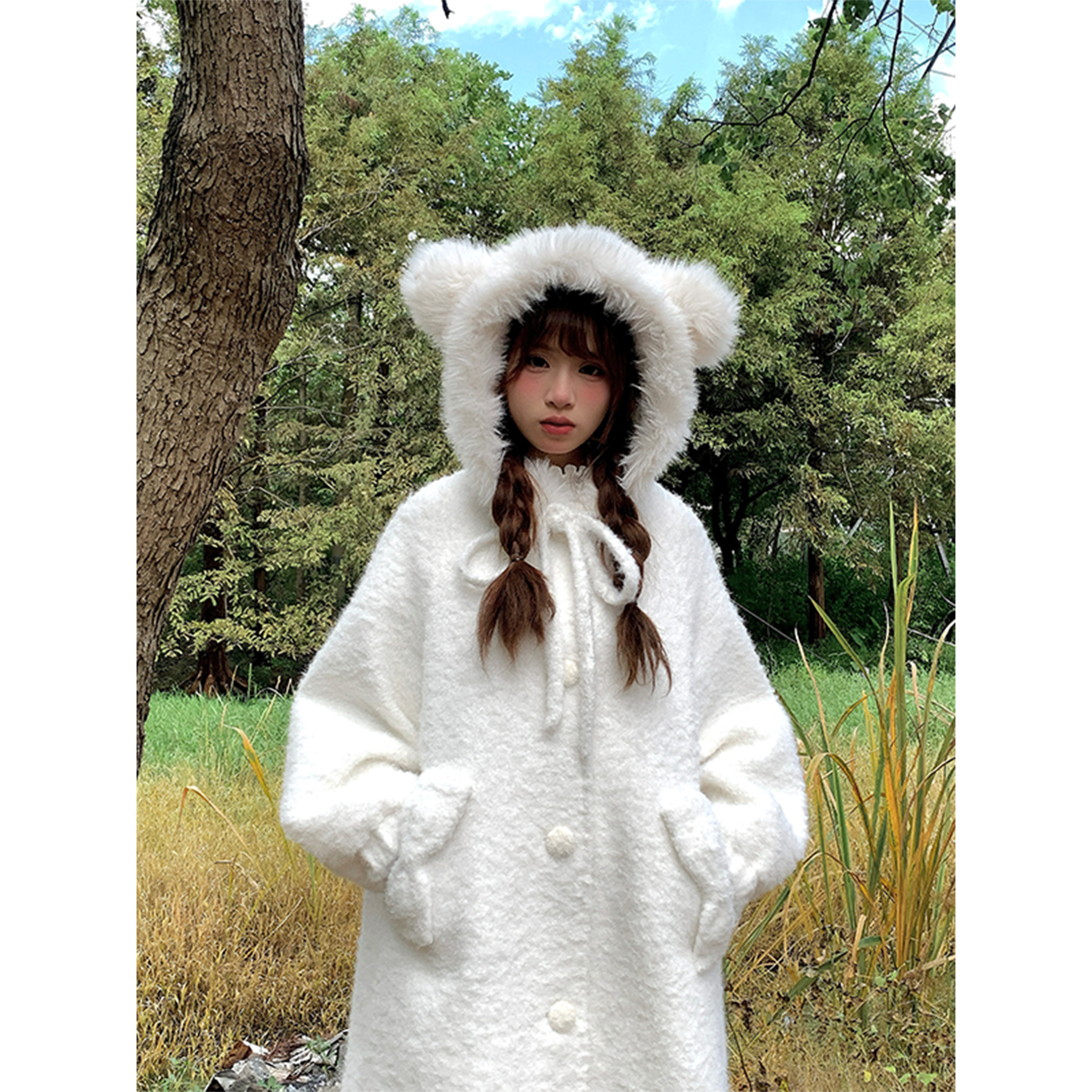sinsingirl 白色小熊帽毛呢外套 中长款呢子大衣