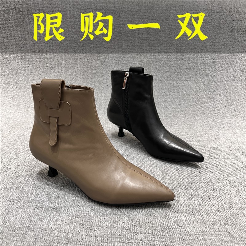 百丽纯爱2023秋冬新款尖头胎牛皮气质猫跟侧拉链小短靴低跟显瘦
