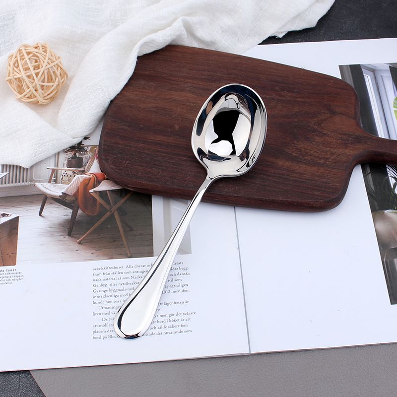 德式18/10不锈钢宽柄加厚加深喝汤勺北欧风圆头吃饭喝粥勺创意