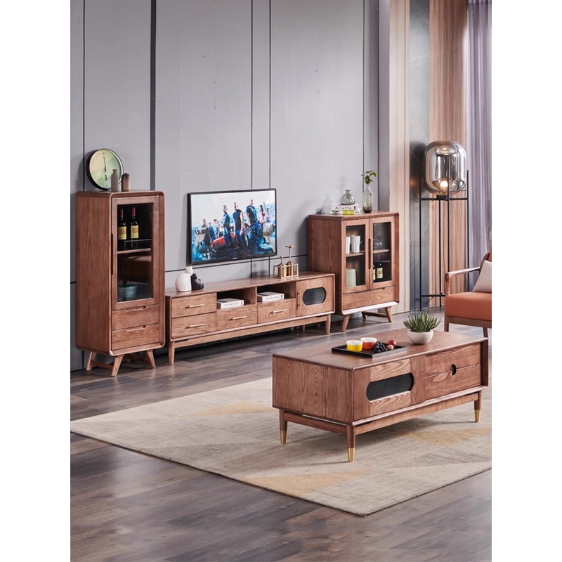 现代中式客厅北欧白蜡木全实木无辅材高档茶几电视柜组合边柜套装
