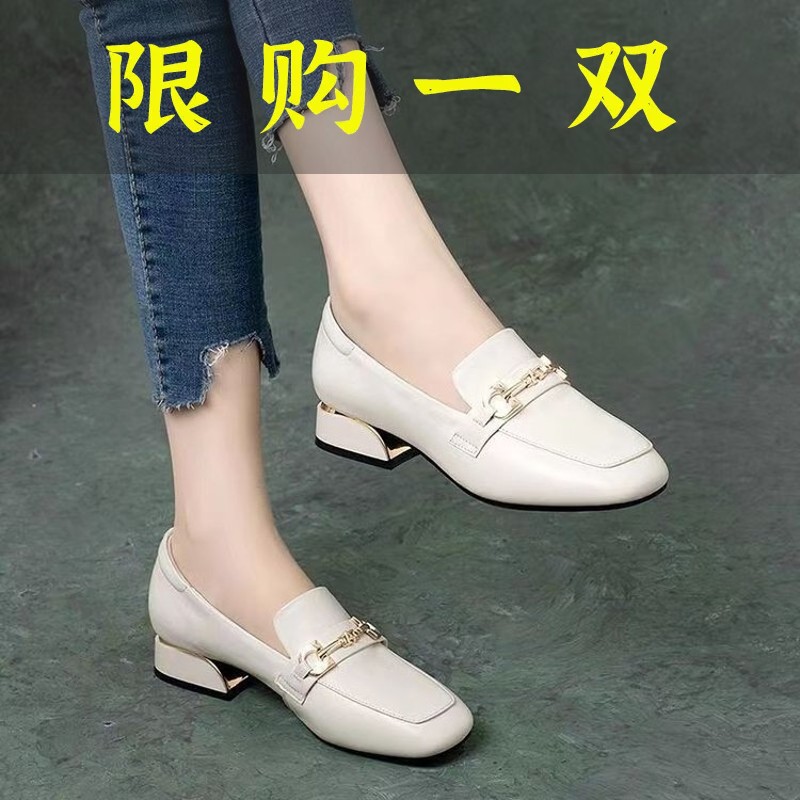 百丽纯爱断码真软皮单鞋女2023春新款粗跟圆头软底乐福工作小皮
