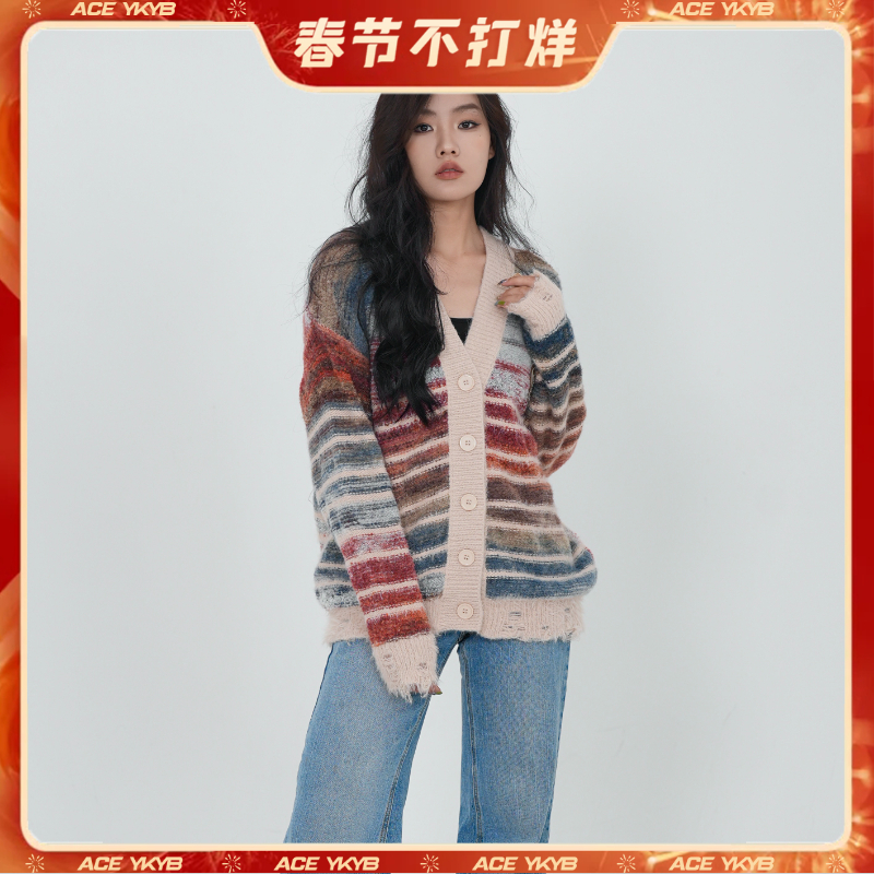 YKYB秋中性针织油画彩虹色渐变女士开衫毛衣设计师新款 Y34NCG067