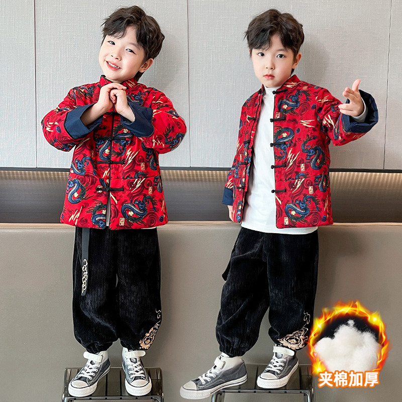 男童汉服冬季款两件套宝宝龙年儿童拜年服冬装加棉厚外套国潮唐装