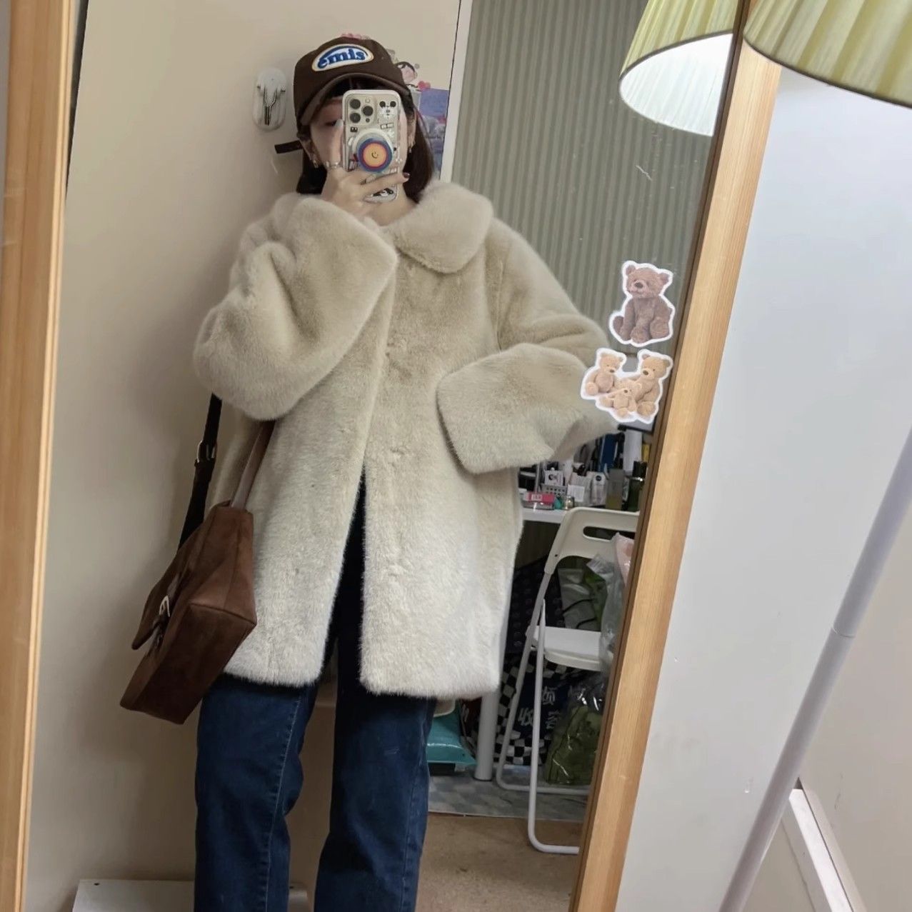 2023秋冬季新款小白熊环保百搭外套女设计感毛绒加厚毛茸茸大衣