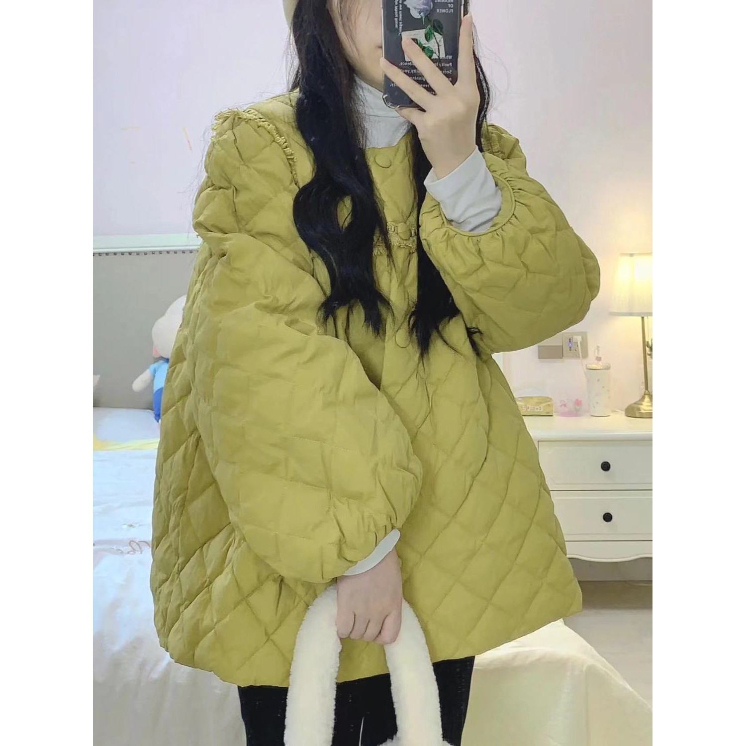 韩国原版2023冬新款棉服女设计感流苏泡泡袖菱格圆领保暖棉衣外套