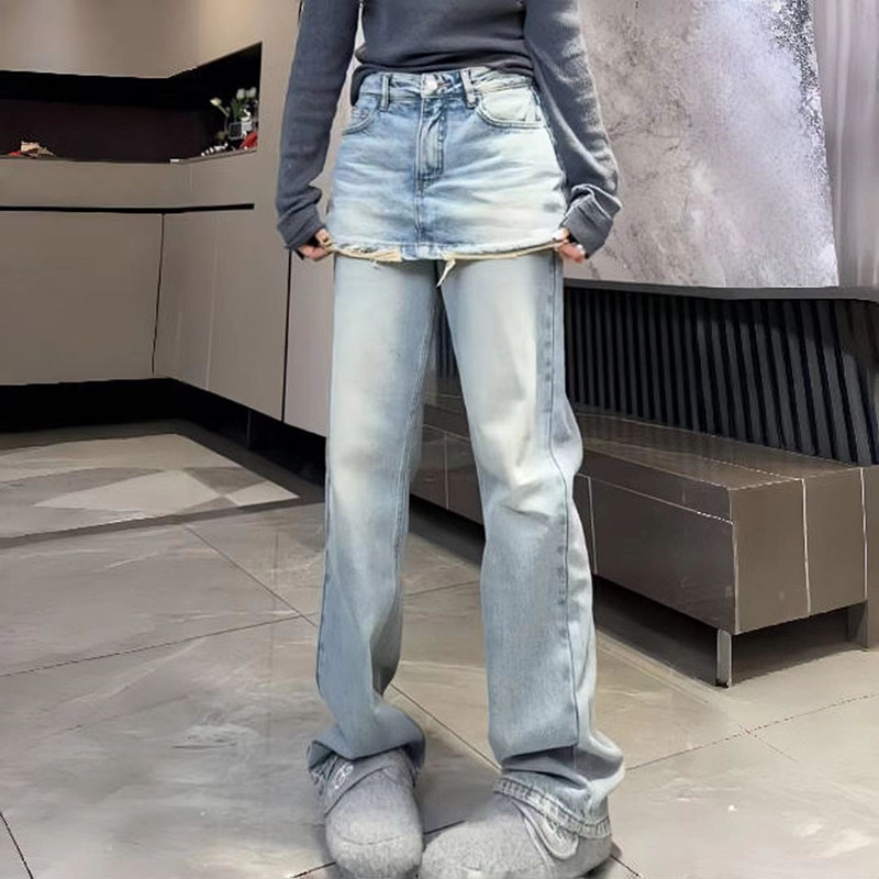 2025春季新款时尚复古水洗毛边牛仔裤女百搭休闲直筒裤裙裤潮