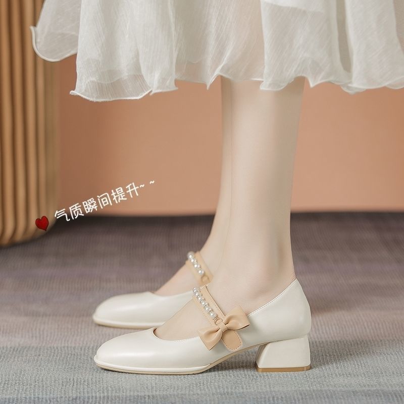 红蜻蜓牌仙女风单鞋玛丽珍鞋2023春秋款中跟粗跟方头串珠百搭小皮