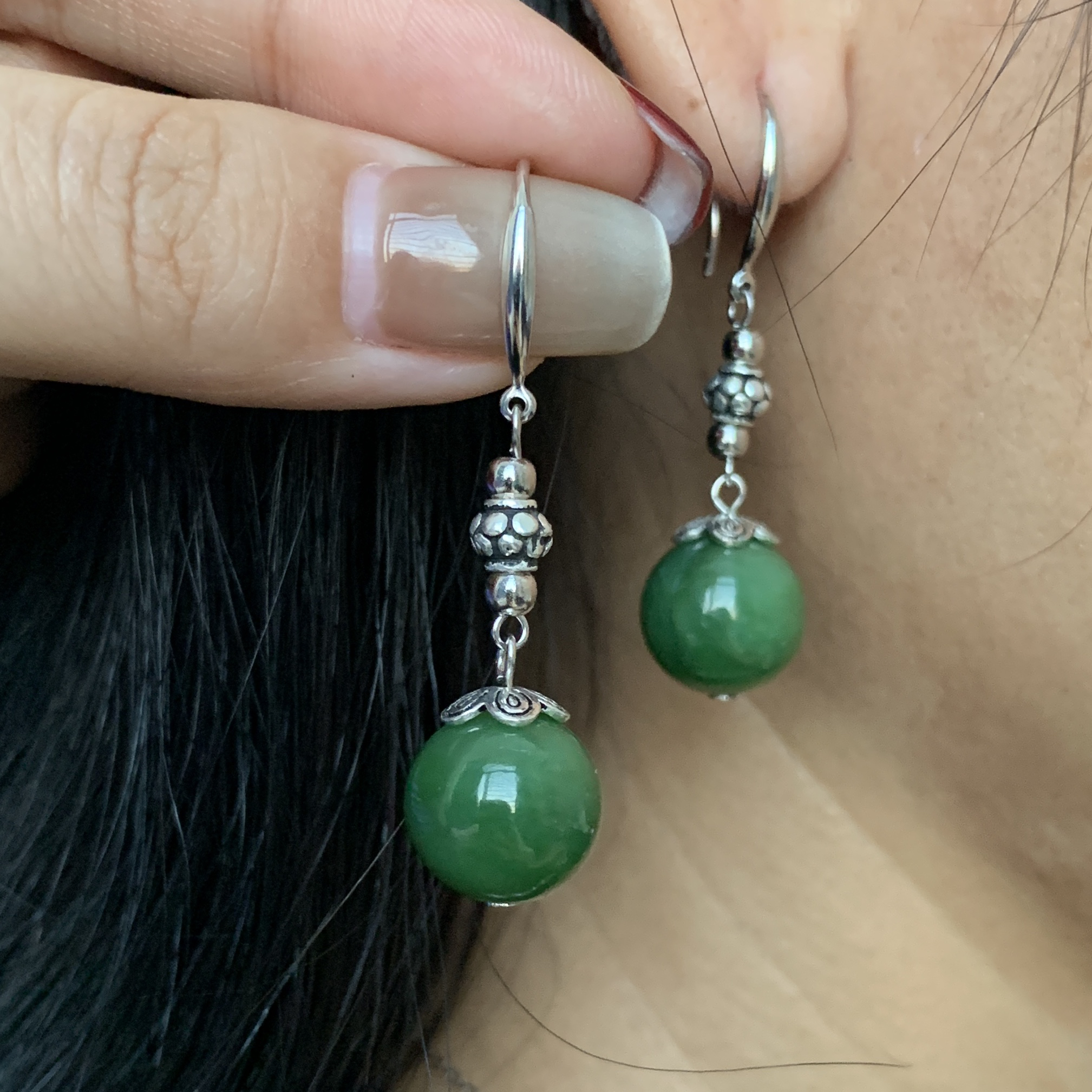 和田玉碧玉卡12mm左右复古气质简约大气款菠菜绿耳环耳饰s925银