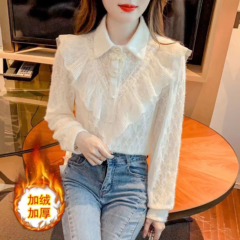 秋冬新款磨毛加绒加厚显瘦磨毛荷叶边衬衣打底衫8002蕾丝气质长袖