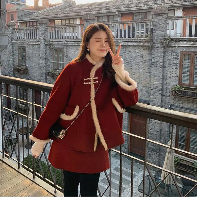 冬季新年战袍新中式毛呢开衫外套+喜庆红包臀半身裙两件套套装女
