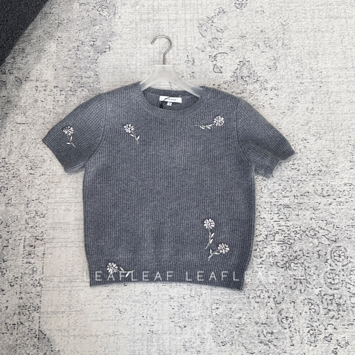 MARKGONG灰色针织钉珠短袖上衣 LEAFLEAF设计师品牌