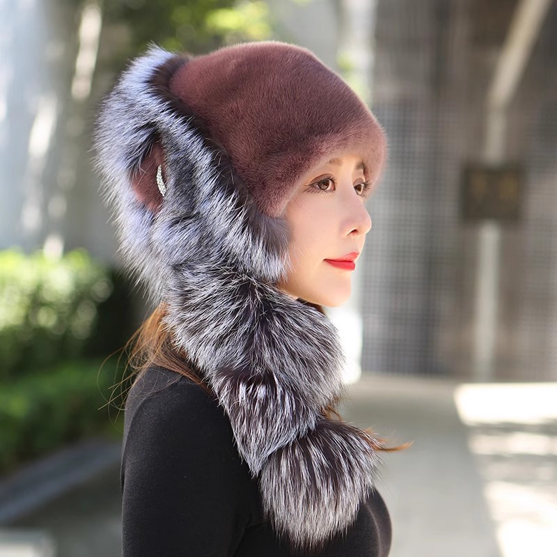晨瑶水貂皮帽子女冬天真皮贝雷帽进口狐狸毛整皮草貂毛时尚韩版潮