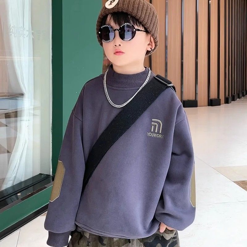 男童卫衣加绒2023秋冬新款儿童青少年半高领一体绒运动保暖上衣潮