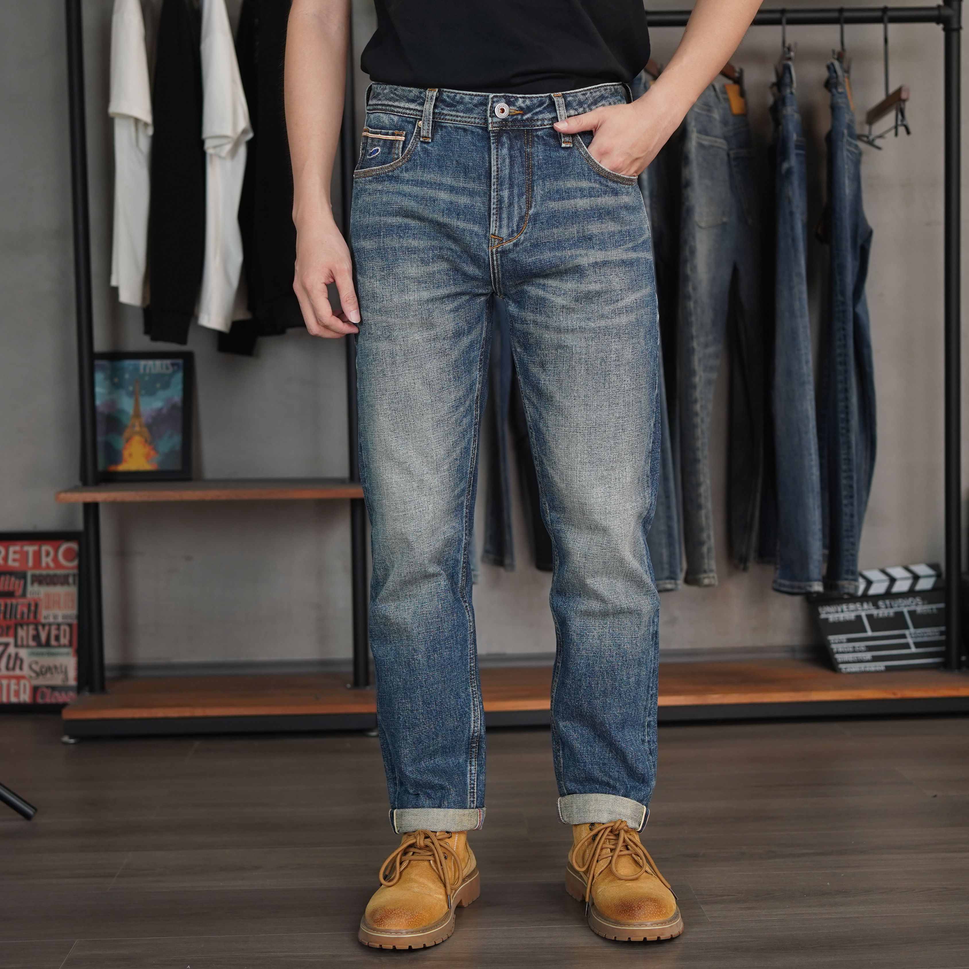 DH8873秋冬新款14盎司经典红白边重磅赤耳丹宁牛仔裤男501版直筒