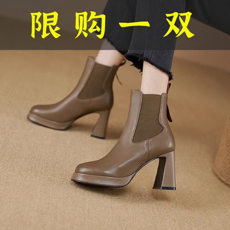 百丽纯爱2023新款软皮高跟短靴女防水台粗跟英伦风马丁靴秋冬单