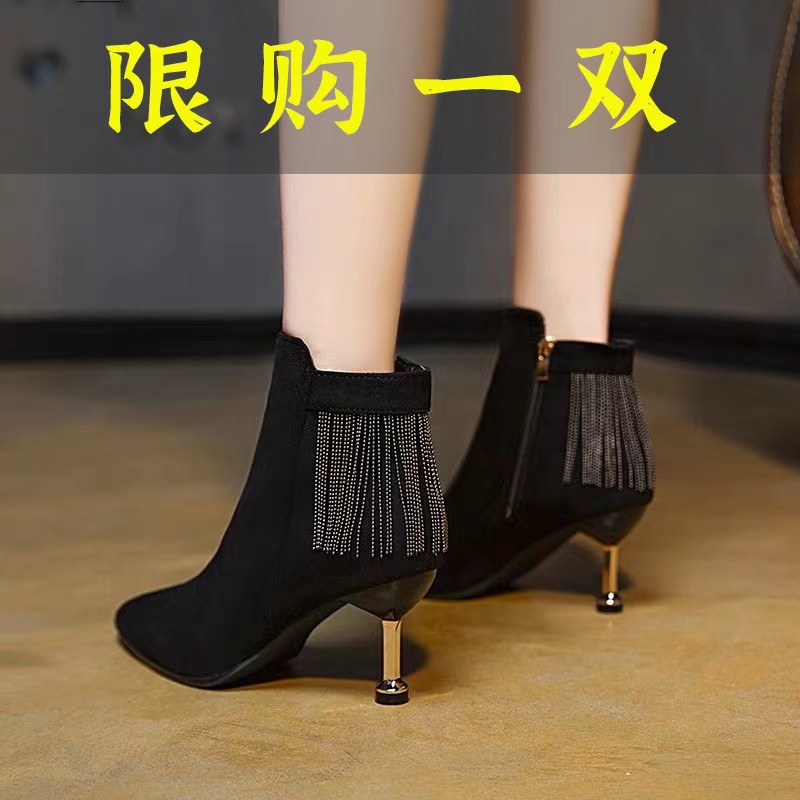 百丽纯爱蓝尖头高跟鞋细跟小短靴女2023秋冬新款女靴加绒网红瘦