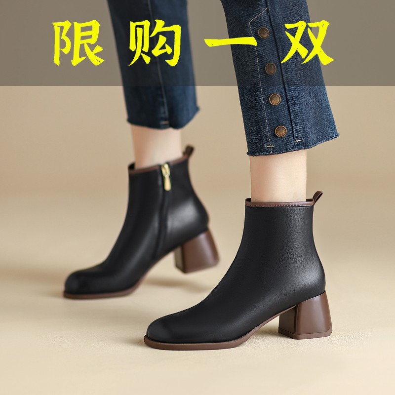 百丽纯爱软羊皮粗高跟时装靴女秋短筒侧拉链气质百搭单靴215005