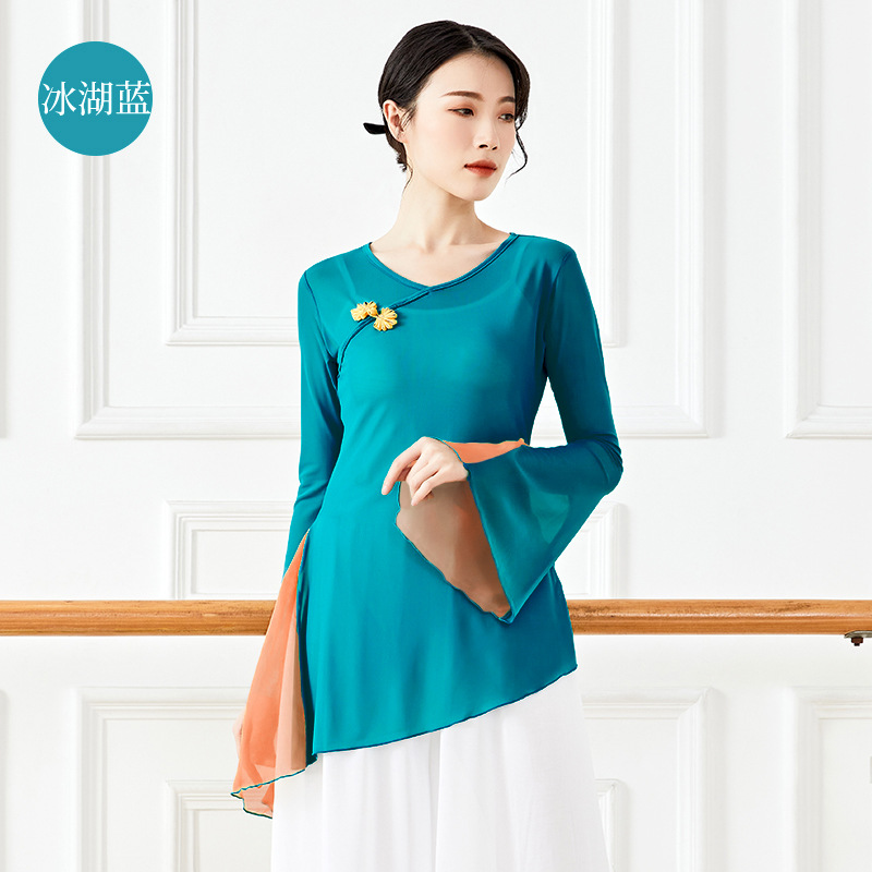 2118中国古典民族舞舞蹈演出服现代舞基训练功服拼色上衣艺考纱衣