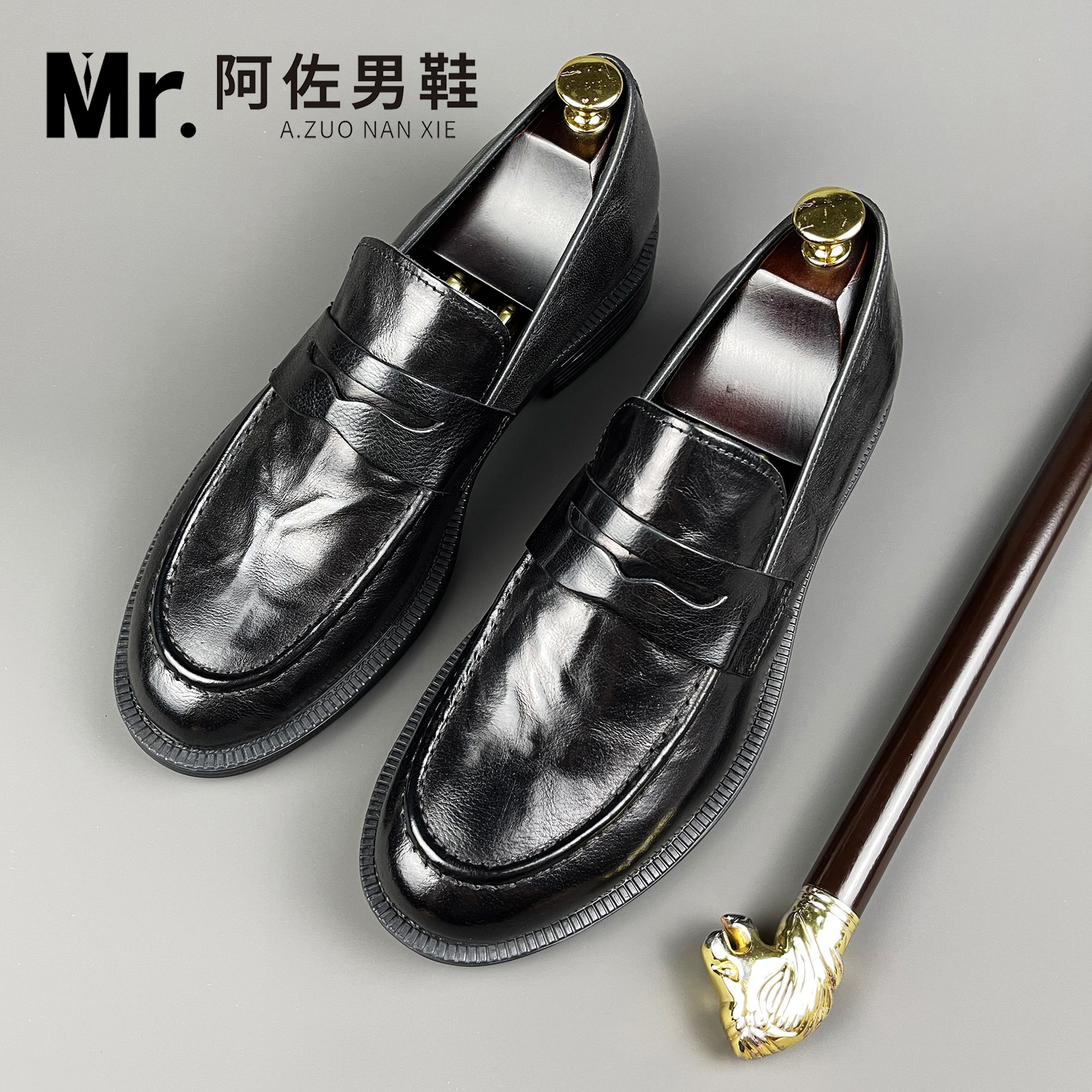 2023秋冬新款一脚蹬商务男士休闲皮鞋真皮正宗牛皮皮鞋乐福鞋男 