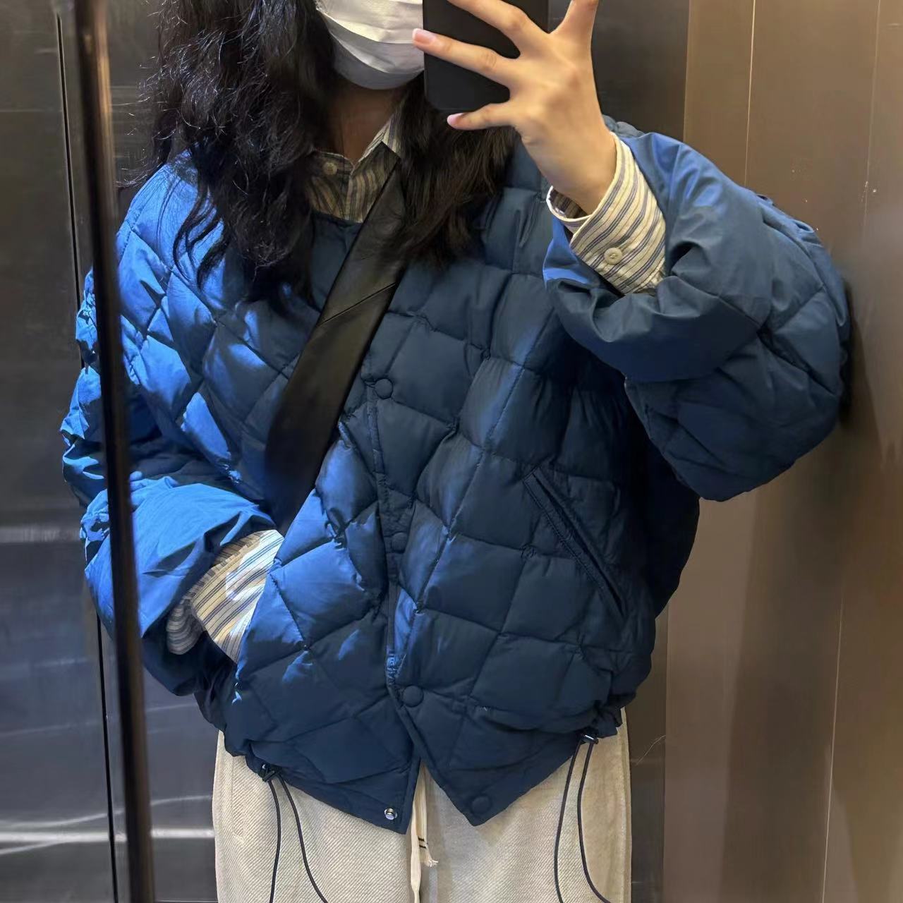 【加厚】韩版时尚2023冬季新款轻薄无领外套菱格棉服棉衣外套上衣